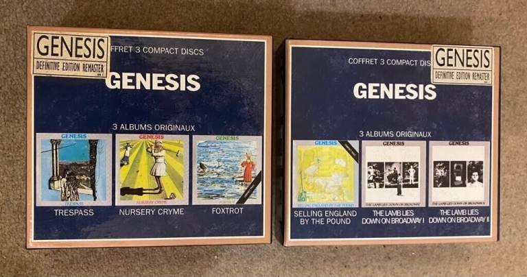 Genesis rare French import CD box sets, three early albums per box set, as depicted.