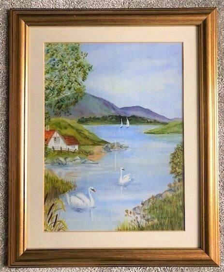 Original acrylic painting, Swan Lake, professionally framed & signed by artist, ready to hang.
