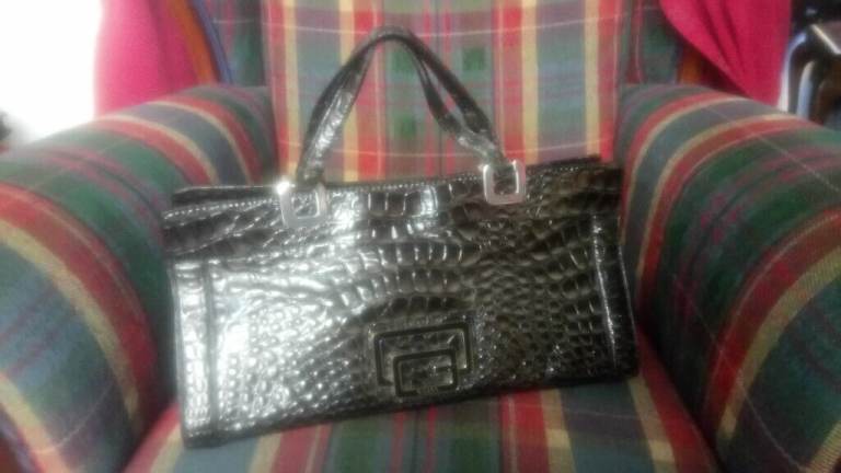 Guess handbag. Black fake crocodile skin. Well loved. In good