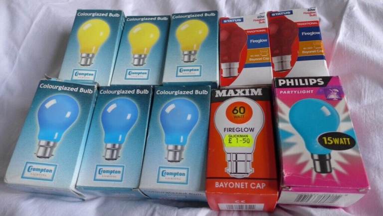 10 Party / Disco Light Bulbs, various colours. All bayonet fittings. All UNUSED, in makers’ boxes.