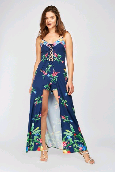 Stunning blue floral 2 piece summer maxi dress and shorts set bnwt