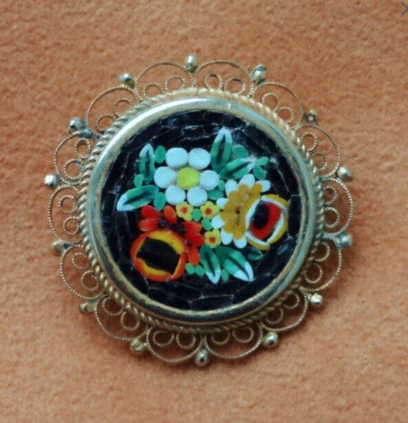 1950s MICRO MOSAIC BROOCH - Made In Italy - Daisy & Roses on Black Background - Filigree Border