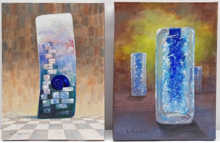 Vintage paintings, one of whirlpool vases by glass maker Frantisek Vizner. Mid Century Modern
