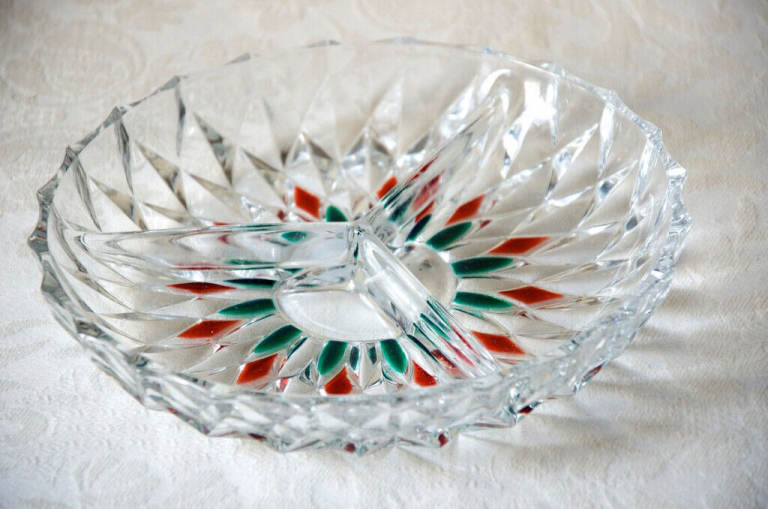 VINTAGE GLASS DISH. Table centre piece plate with red green accents