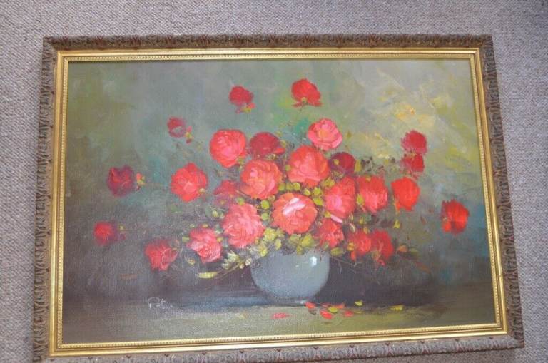 Red Roses for Valentine's Day. Large, framed OIL PAINTING on CANVAS Still Life Roses. Signed Peters