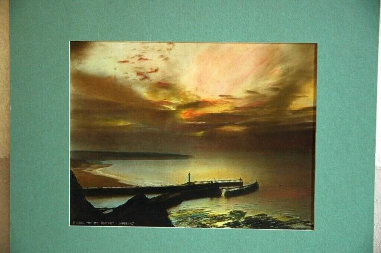 ANTIQUE HAND-TINTED PHOTOGRAPH OF WHITBY SUNSET. Vintage English seascape circa 1930.