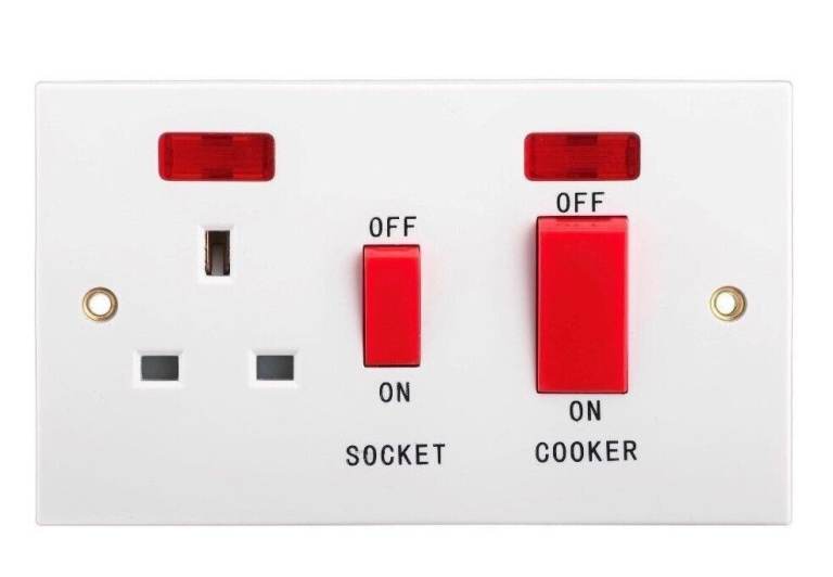 New 45A Cooker Socket & 13A Switch Double Pole DP Horizontal White Finish Red Neon Indicators