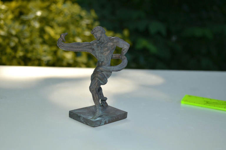 Naked athlete wrestling a Python, faux bronze statue/ sculpture 