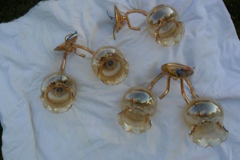 Set of 5 wall brass ceiling lamps fittings and lamp shades.