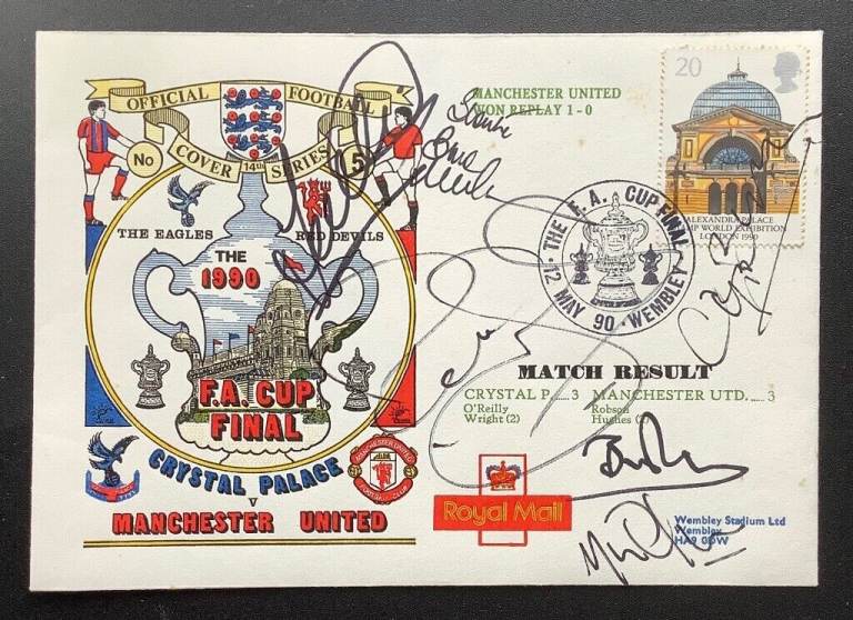 Multi Signed Man Utd Football Postal Cover 1990 FA Cup Final v Crystal Palace