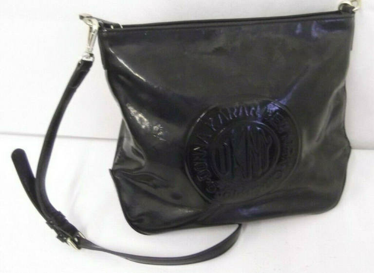 DKNY Ladies handbag black patent bucket bag with detachable crossbody strap 