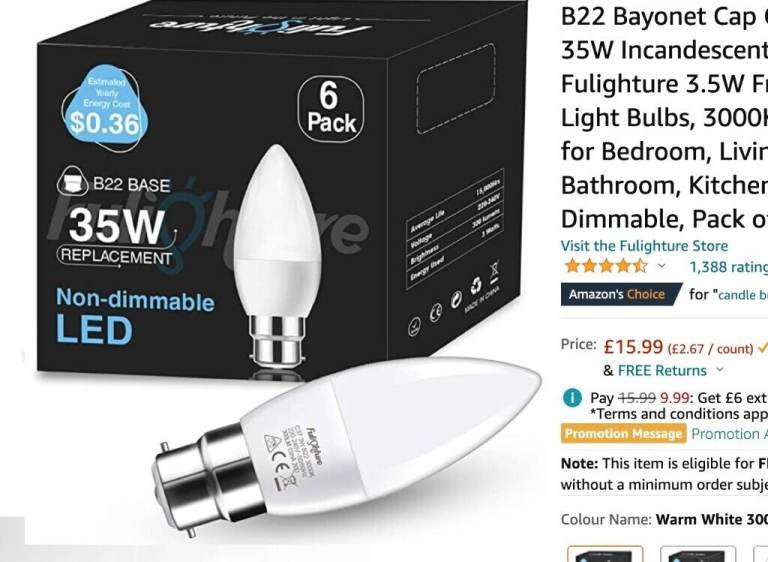 Pack of 6 B22 Bayonet Candle LED Bulbs 3.5W (Equivalent 35W) - Warm White