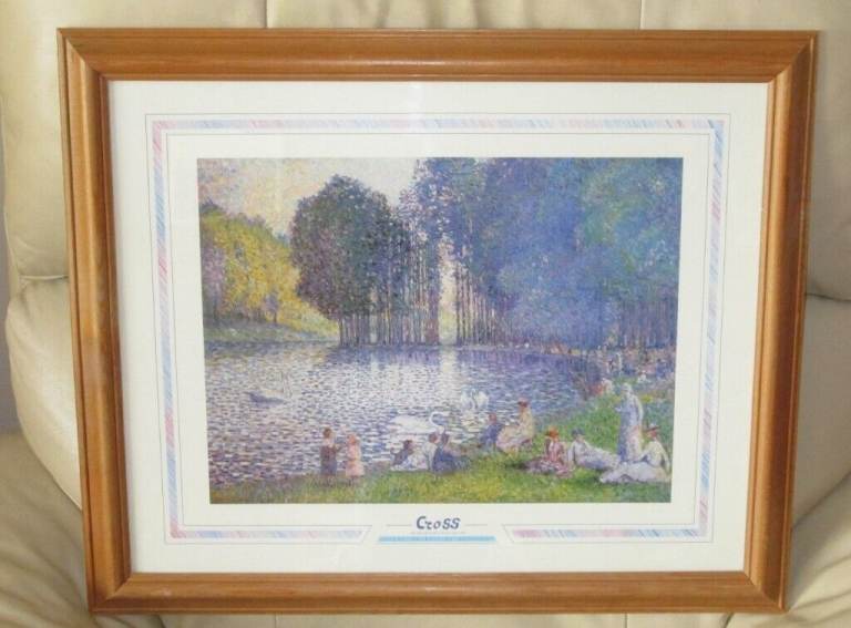 WOOD FRAMED, GLASS FRONTED PICTURE, 'THE LAKE IN THE BOIS DE BOLOGNE' BY HENRI EDMOND CROSS, 22 X19