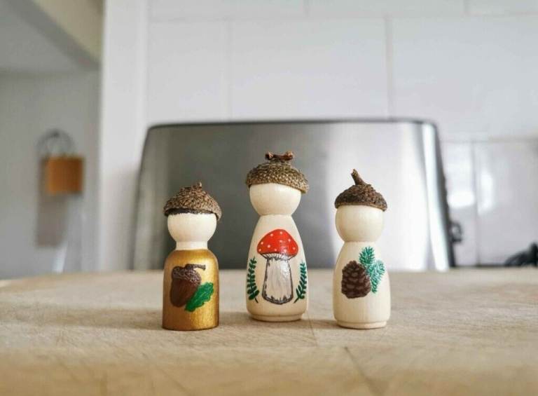 Set of 3 hand-painted wooden peg dolls - woodland theme