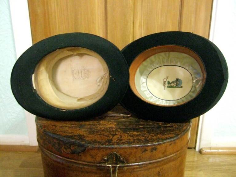 Top and Bowler Hats Vintage with vintage tin hat box (grouped)