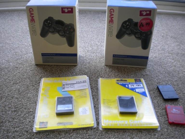 PS2 GAMEWARE CONTROLLERS + MEMORY CARDS. OR I CONTROLLER AND 2 CARDS FOR £15
