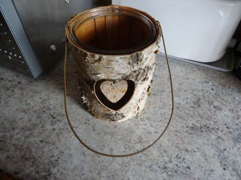 Lantern - Plant Holder - Vase    Silver Birch Bark  with Heart Mobile