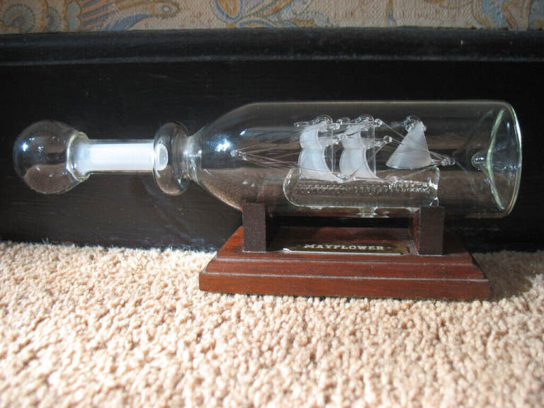 Mayflower glass ship in glass bottle, marine ocean sailor pilgrim vintage