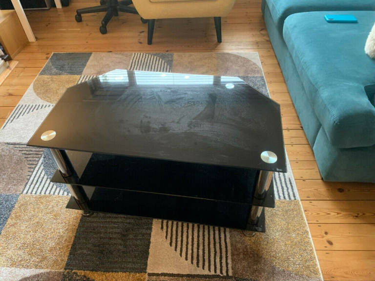 Black Glass Corner 3 Three Shelf Tier TV Stand Unit Cabinet