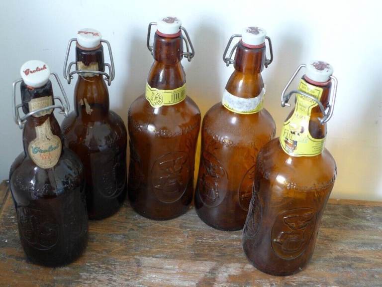 SIX Collectible Vintage Beer Bottles. Two GROLSCH, three FISCHER Biere d'Alsace, one unidentified.