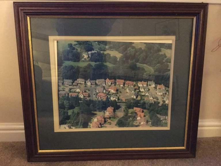Framed Ariel view of Johnsburn Haugh houses in Balerno Edinburgh.
