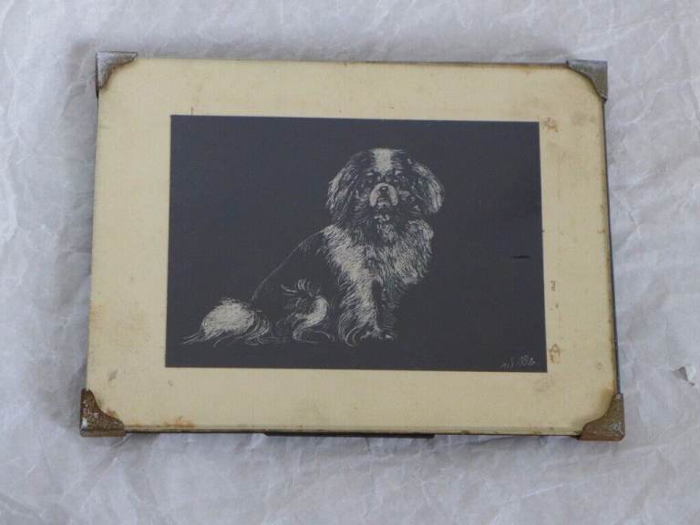 Vintage Engraving Etching (on a metal plate) of a KING CHARLES SPANIEL in a vintage ART DECO frame.