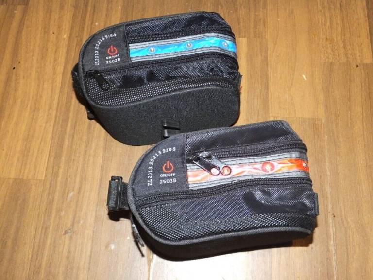 PAIR OF RED AND BLUE UNDER SEAT BICYCLE STORAGE WITH 1 BRACKET