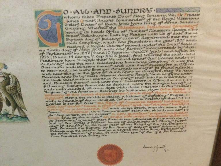 Framed Caledonian Insurance Company Lord Lyon King of Arms original  armorial scroll dated 1936.