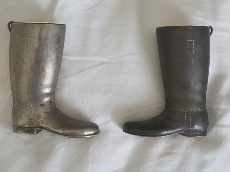Pair vintage silver plated alcohol measure boots ceramic lined Grenadier