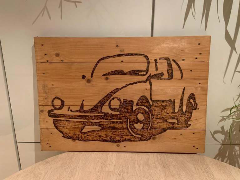 Handmade VW Beetle pyrography art - pallet wood 