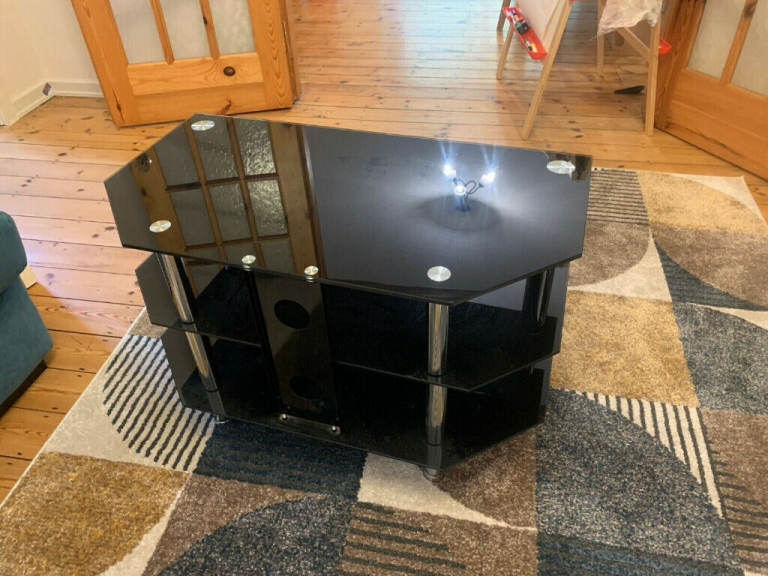 Black Glass Corner 3 Three Shelf Tier TV Stand Unit Cabinet