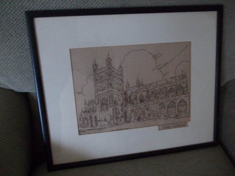 Framed embroidery of Exeter Cathedral very good condition
