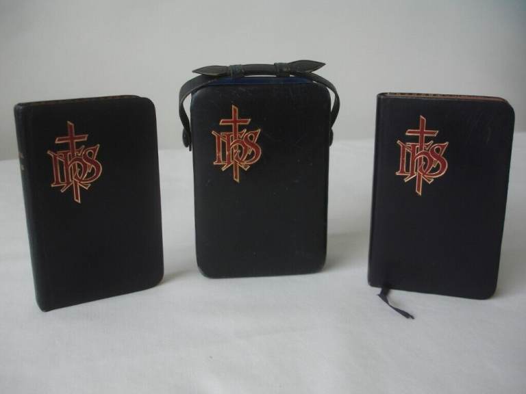 ANTIQUE LEATHER COVERED HYMNS A&M & COMMON PRAYER BOOKS IN MATCHING SLIP CASE