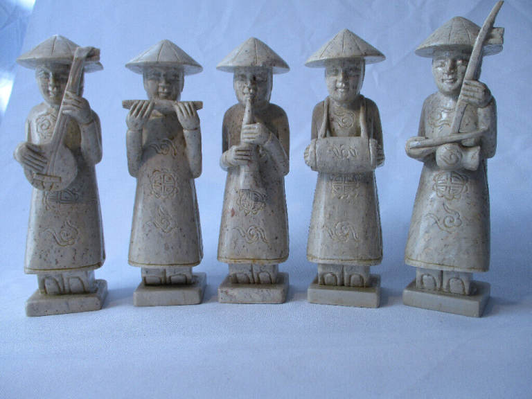 5 x Vintage Carved Chinese Soapstone Figures of Musicians. 15.5cm tall approx.