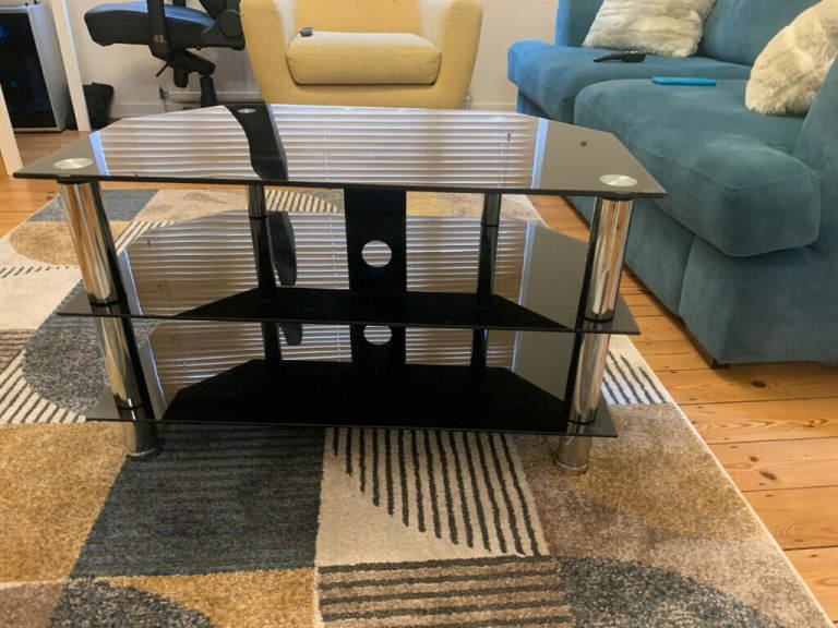 Black Glass Corner 3 Three Shelf Tier TV Stand Unit Cabinet