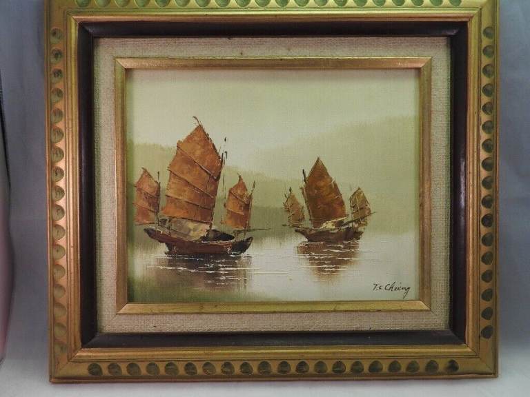 VINTAGE OIL PAINTING Asian art Hong Kong old water view with boats Signed Cheung