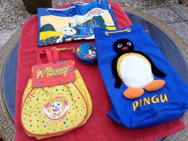 RARE Vintage Pingu, Mr. Blobby, Thomas the Tank Engine Bags from the 1990's