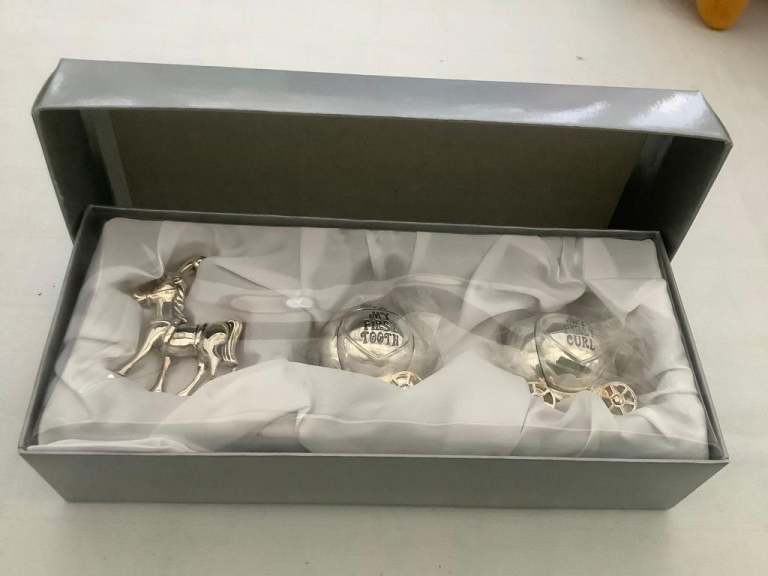 Silver Plated Horse and Carriage First Tooth and Curl Boxes.