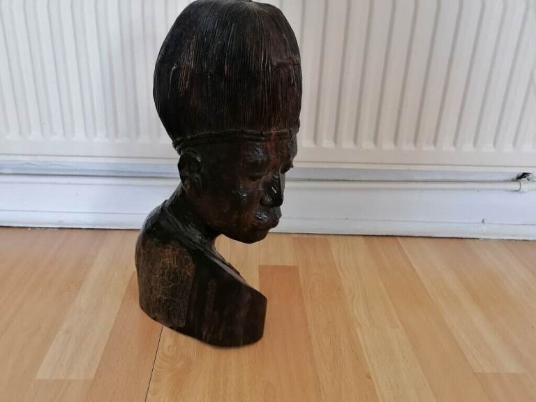 Vintage AFRICAN TRIBAL ART Hand Carved Female Head Bust Statue. Solid Ebony Heavy Wood. Ex. Cond . 