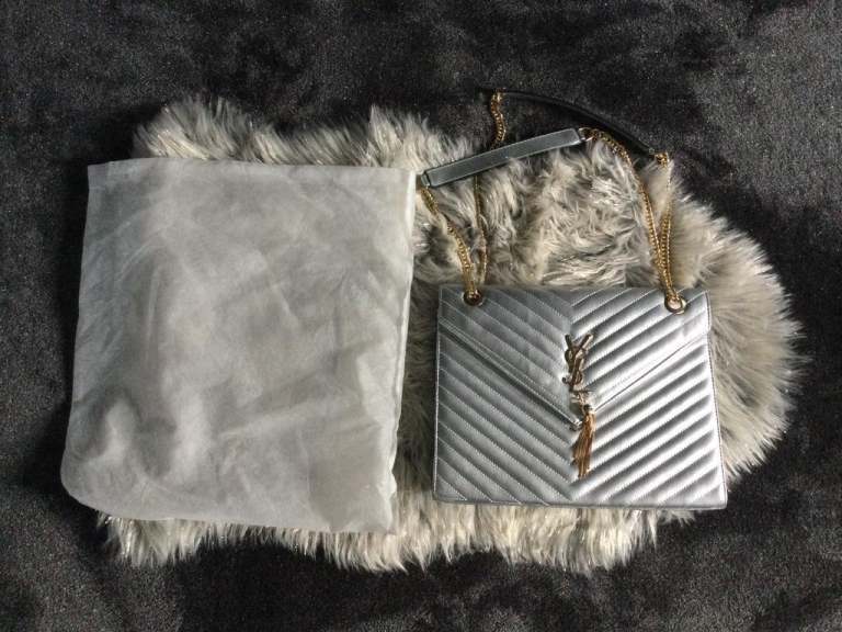 Silver Diagonal Quilted Bag with Gold Detail 