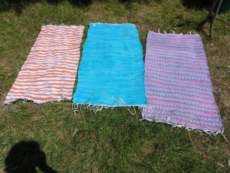 THREE VINTAGE COTTON DURRIES MATS RAG RUGS RUNNERS. Clean. £40 for the three. Or £15 each. 