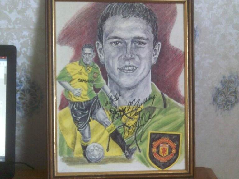 LEE SHARPE SIGNED painting  FRAMED   MANCHESTER UNITED FOOTBALL CLUB £40