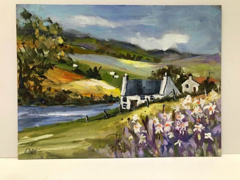 Original oil painting called riverside cottage 