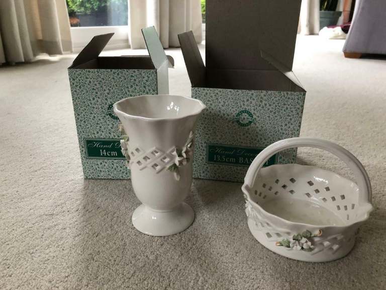 Creative Living Hand decorated basket ornament and vase. New in boxes. Collect Chichester 