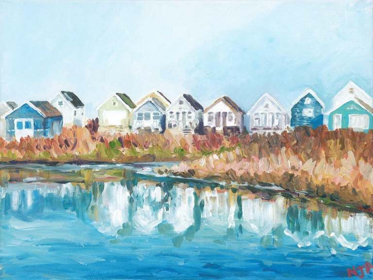 Original acrylic painting on canvas. Mudeford beach huts, Christchurch