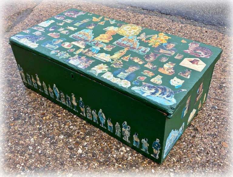 Antique pine blanket box with decorative decoupage detail 