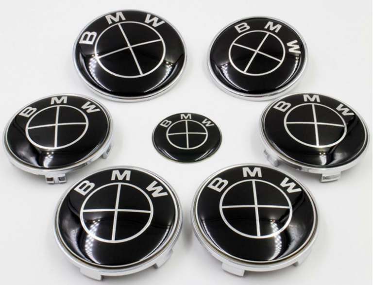 Bmw Badge Set Center Caps Bonnet Badge Boot Badge Steering 7 Piece set FULL BLACK