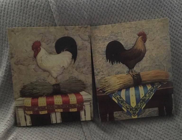 “Roosters” pictures (x2) on wooden frames