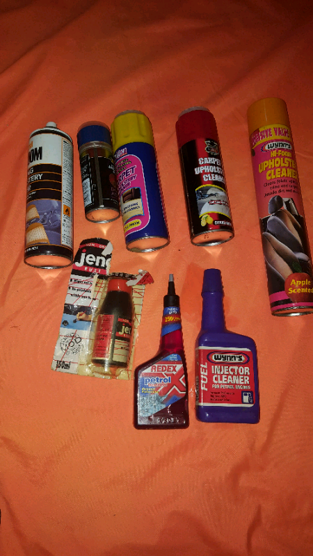 4 bottles upholstery cleaner, 1 paint spray, rust remover, injector 