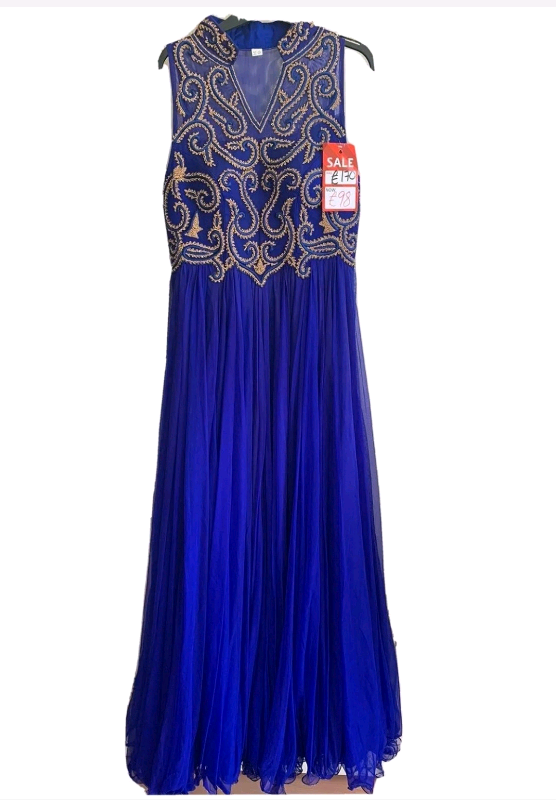 Royal blue/gold crystals long prom dress indian/pakistani size 10